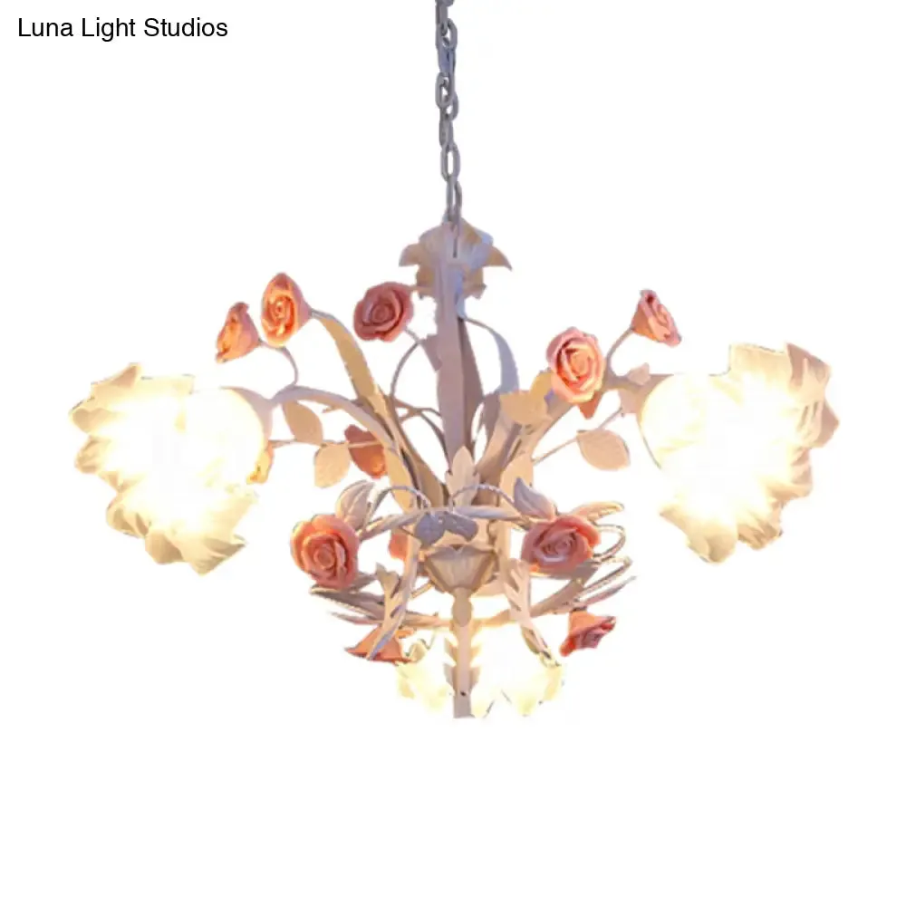 Romantic Flower Hanging Chandelier with Frosted Glass Pendants - Set of 3 Bulbs in White