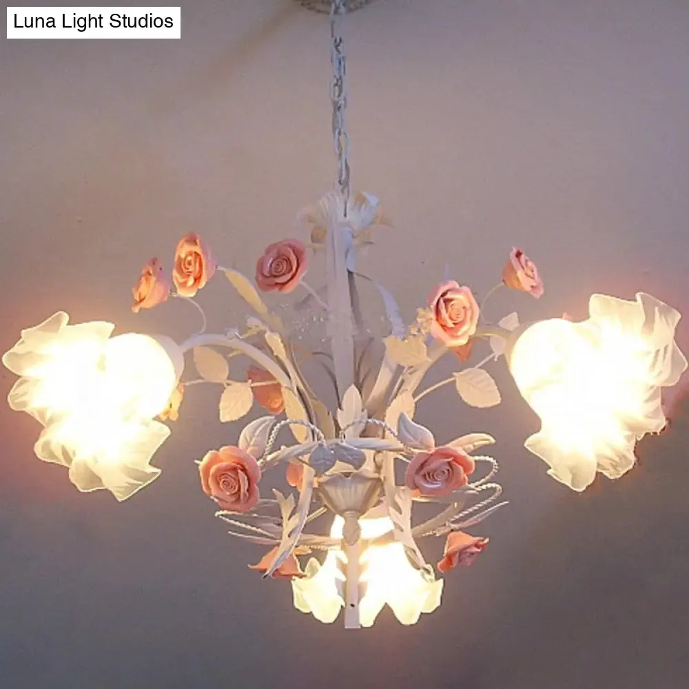 Romantic Flower Hanging Chandelier with Frosted Glass Pendants - Set of 3 Bulbs in White