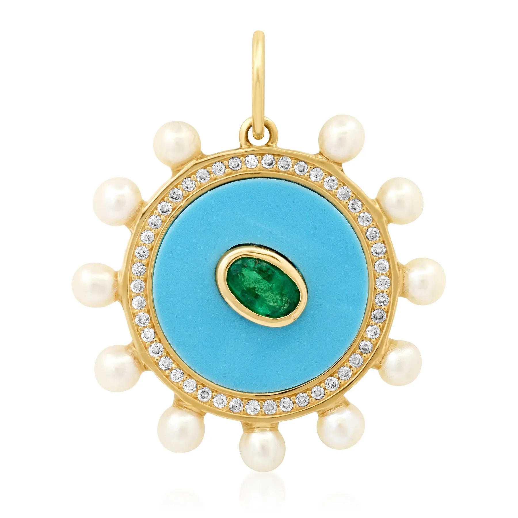 ROYAL MEDALLION EMERALD TURQUOISE ENAMEL DIAMONDS & PEARLS, 14kt GOLD