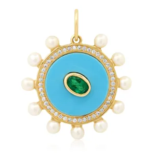 ROYAL MEDALLION EMERALD TURQUOISE ENAMEL DIAMONDS & PEARLS, 14kt GOLD