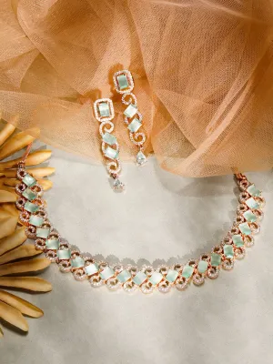 Rubans Rose Gold Plated Pastel Green Studded American Diamond Necklace Set.