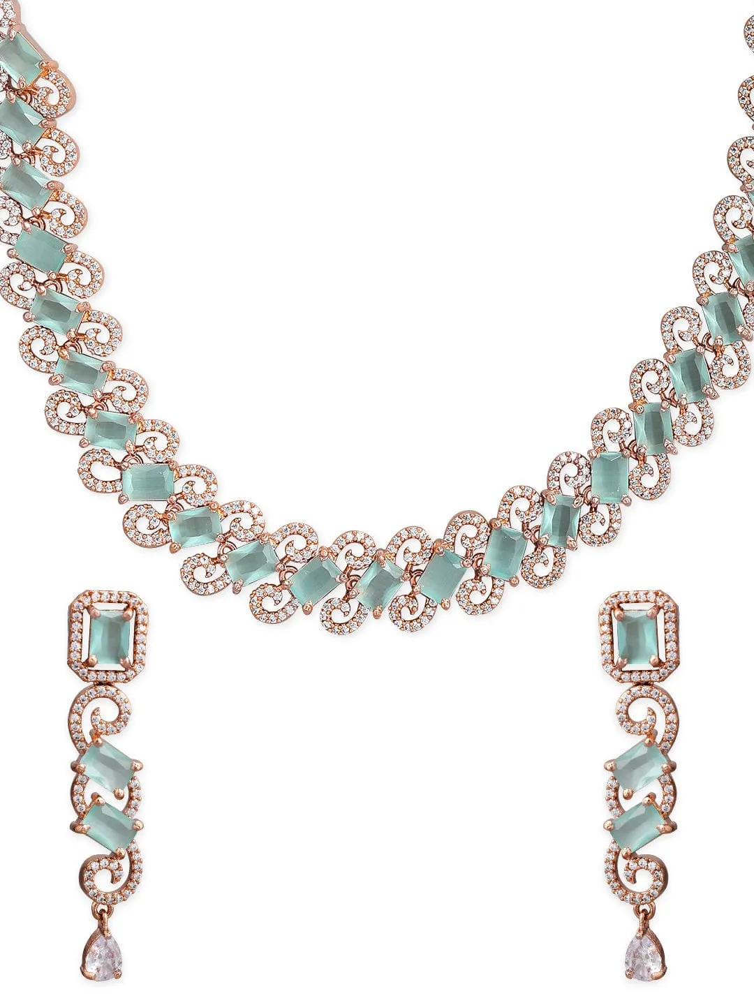 Rubans Rose Gold Plated Pastel Green Studded American Diamond Necklace Set.