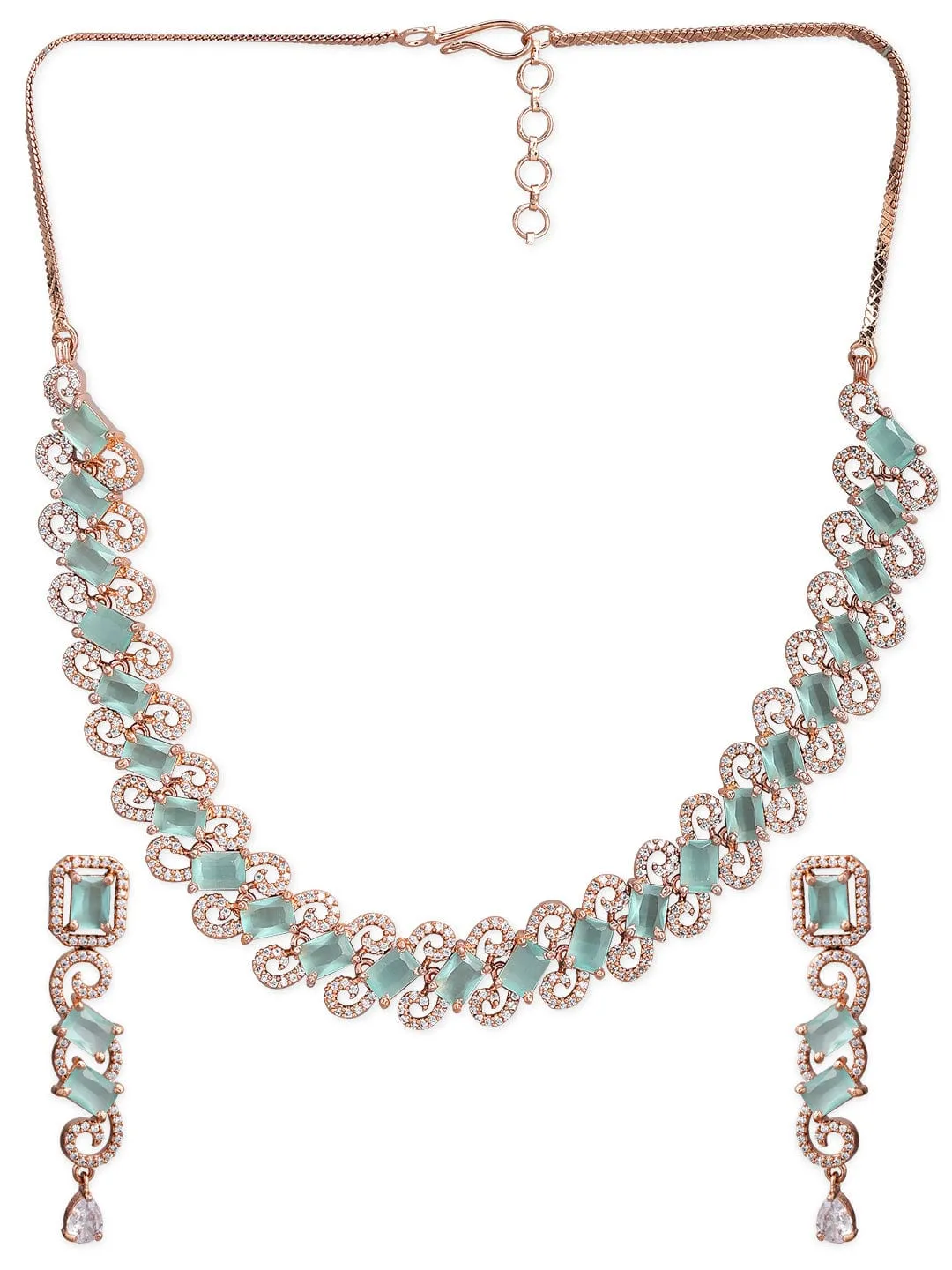 Rubans Rose Gold Plated Pastel Green Studded American Diamond Necklace Set.