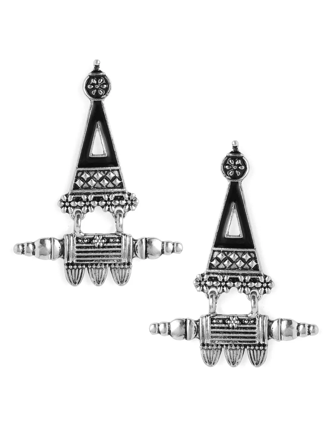 Rubans Silver-Plated Black Enamel Handpainted Triangular Drop Earrings