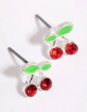 Silver & Red Cherry Stud Earrings