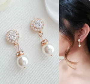 Simple Rose Gold Drop Pearl Earrings- Bronte