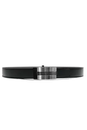 Sleek Silver-Toned Leather Belt with Layered Buckle