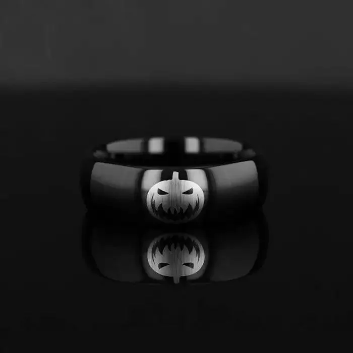 Spooky Evil Halloween Jack-O-Lantern Engraved Domed Black Tungsten Ring (Raven) - 4mm - 12mm