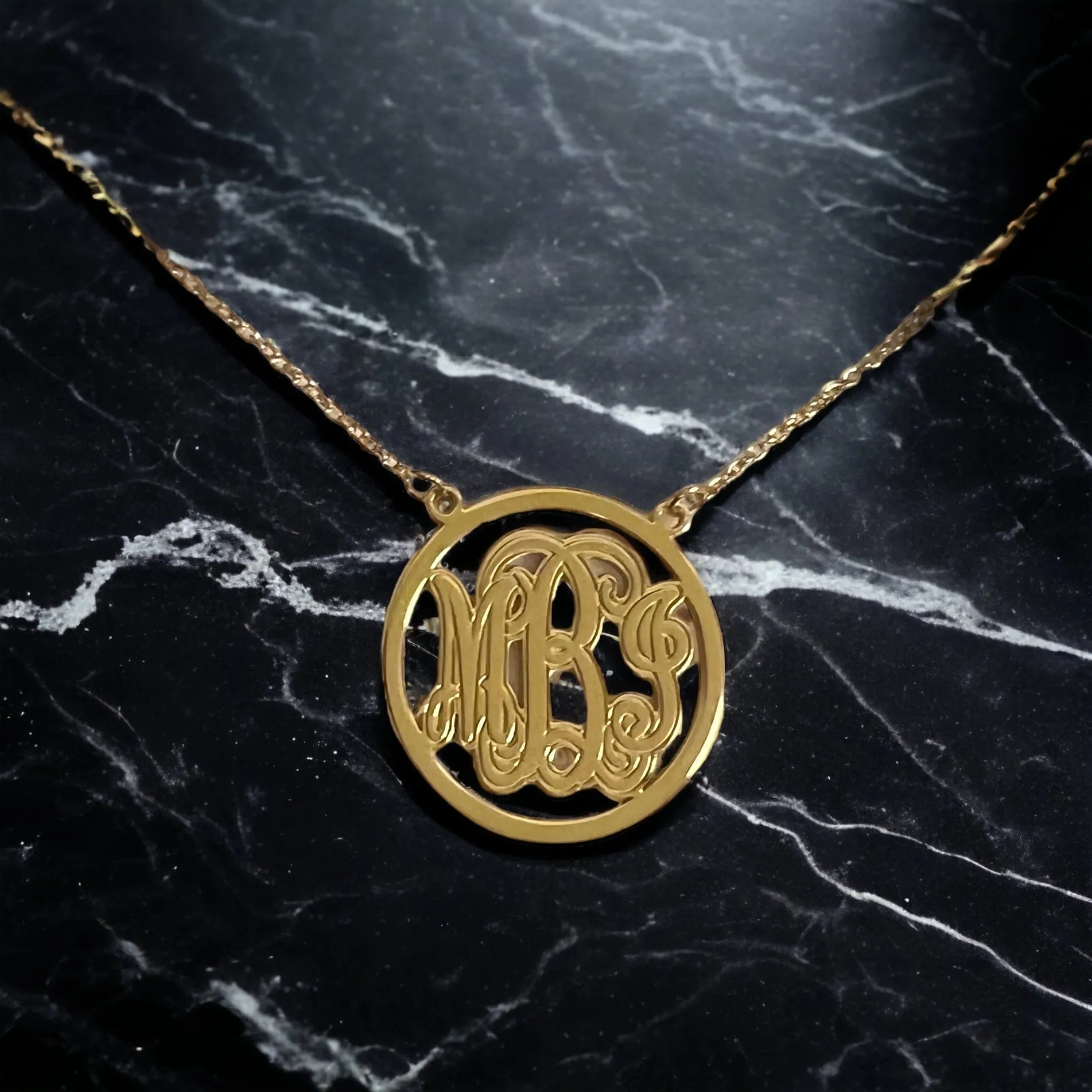 Sterling Silver Monogram with Etched Outline Station Pendant Necklace