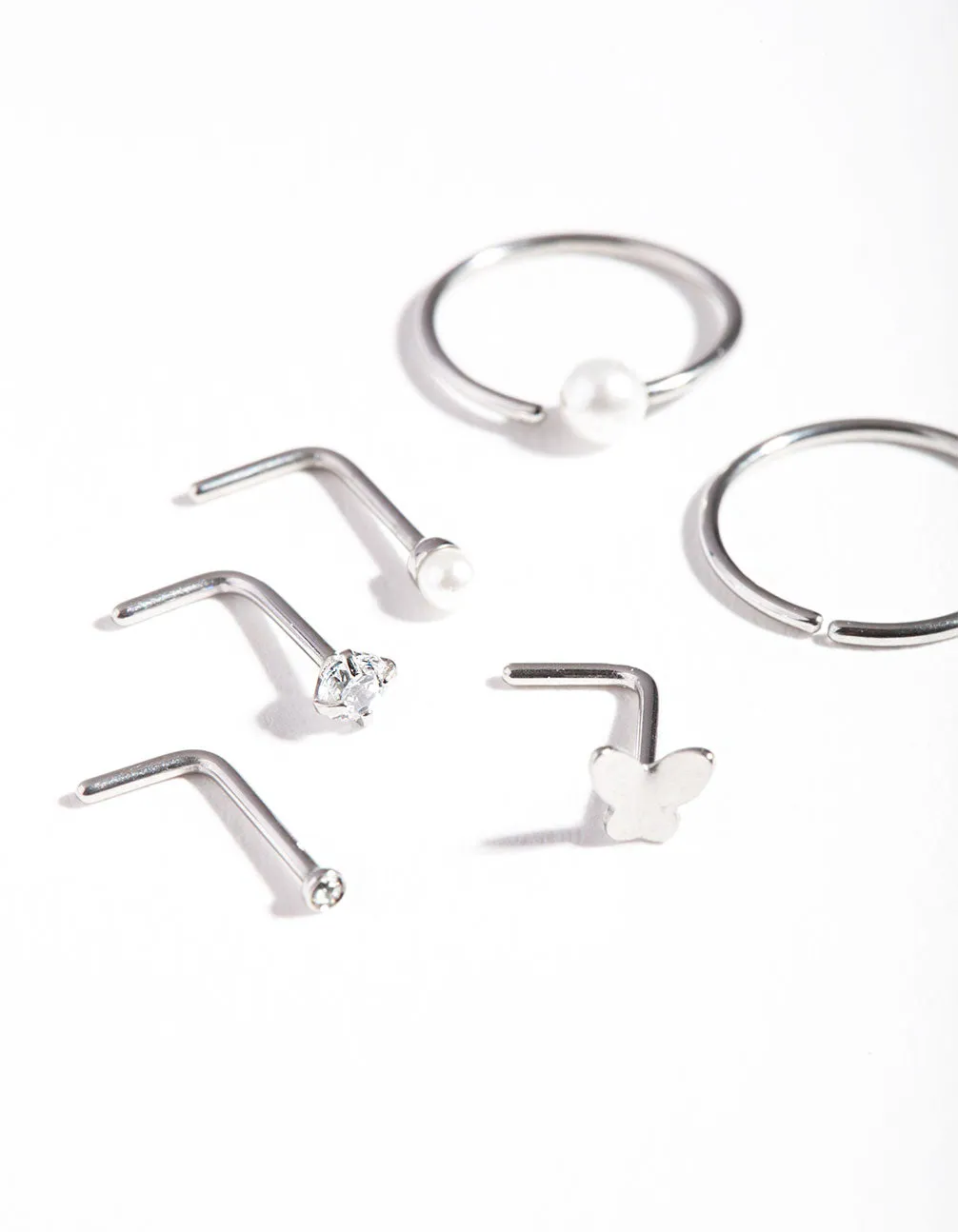 Surgical Steel Pearl Butterfly Nose Ring 6-Pack