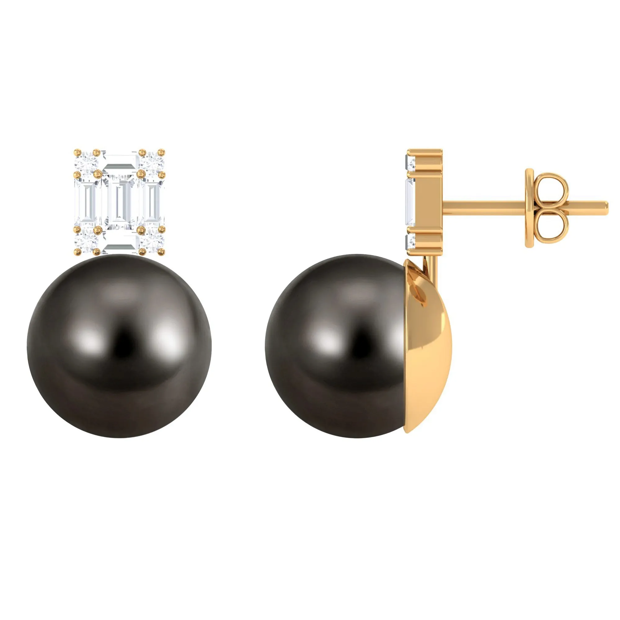 Tahitian Pearl Simple Stud Earrings with Baguette Diamond