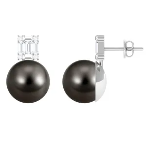 Tahitian Pearl Simple Stud Earrings with Baguette Diamond