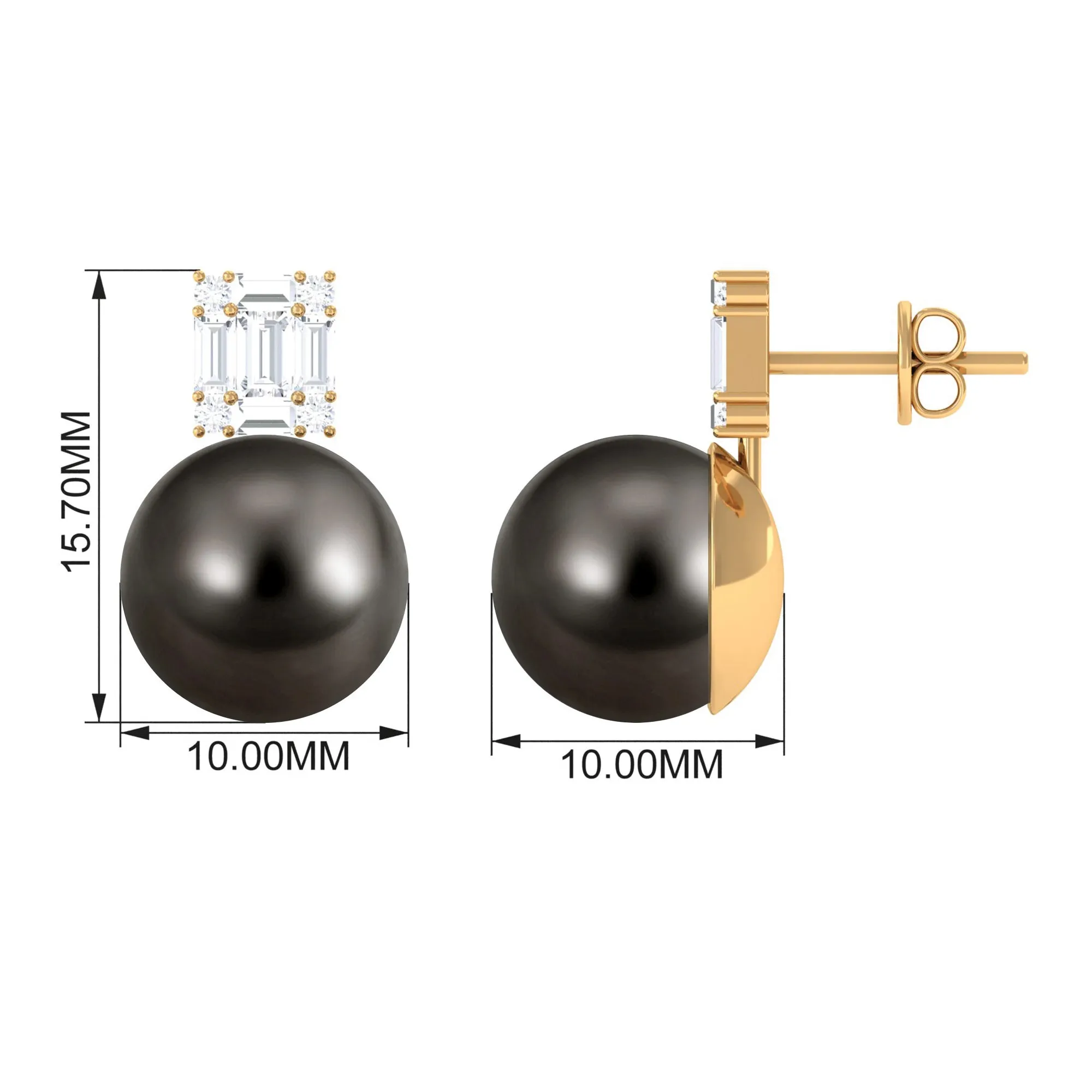 Tahitian Pearl Simple Stud Earrings with Baguette Diamond