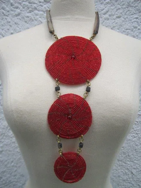 Triple Disc Necklace with Horn and Center Bead Metallic Red