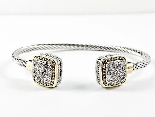 Unique Cable Wire Design With Square Micro Setting CZ Duo Ends Brass Cuff Bangle