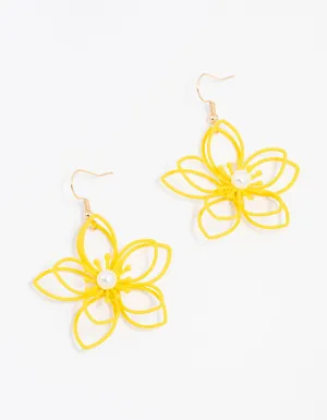 Yellow Gold Wire Pearl Flower Drop Earrings